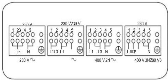 230 V 1 23 4 5 L1 N 230 V~ 230 V230 V 1 2 3 4 5 L1L3 L1 ~ 400 V2N~ 230 V 1 2 3 4 5 L1 L3 N 400 V 3N230 V3 L1L3 N