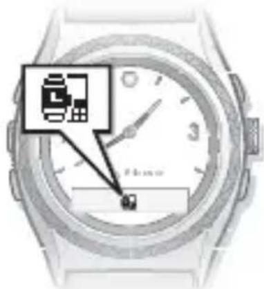 Smartwatch face with icon and label pointing to a device, showing a stylus and 'Pfizer' branding