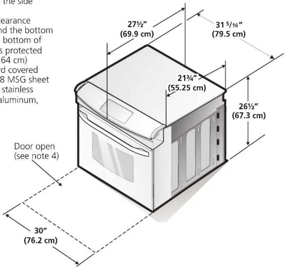 the side clearance and the bottom bottom of s protected (64 cm) d covered 8 MSG sheet stainless aluminum, 27½" (69.9 cm) 31 5/16" (79.5 cm) 21¾" (55.25 cm) 26½" (67.3 cm) Door open (see note 4) 30" (76.2 cm)