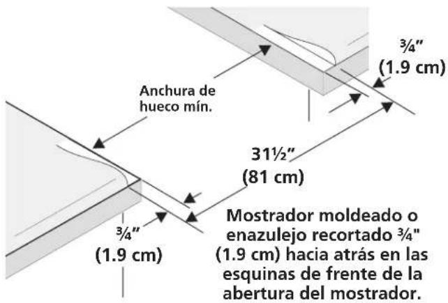 Anchura de hueco mín. 3/4" (1.9 cm) 31½" (81 cm) 3/4" (1.9 cm) Mostrador moldeado o enazulejo recortado 3/4" (1.9 cm) hacia atrás en las esquinas de frente de la abertura del mostrador.