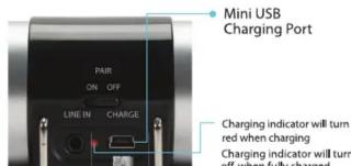 Mini USB Charging Port PAIR ON OFF LINE IN CHARGE Charging indicator will turn red when charging Charging indicator will turn off when fully charged