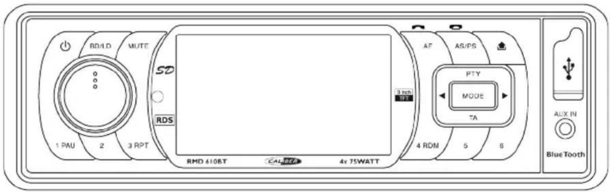 RD/LD MUTE SD RDS 1 PAU 2 3 RPT RMD 610BT CALIBER 4x 75WATT AF AS/PS FTY MODE TA 4 RDM 5 6 ALX IN Blue Tooth