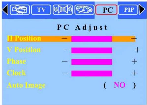 PC Adjust H Position - + V Position - + Phase - + Clock - + Auto Image ( NO )