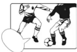 Illustration of two soccer players in action, one kicking the ball while the other plays a block (no text or symbols)