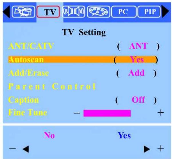 TV Setting ANT/CATV ( ANT ) Autoscan ( Yes ) Add/Erase ( Add ) Parent Control Caption ( Off ) Fine Tune -- No Yes - +