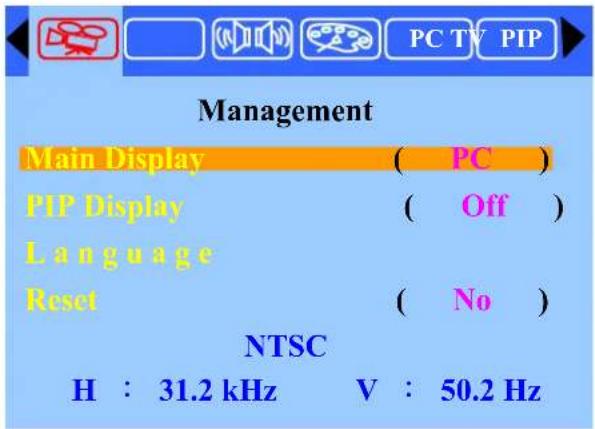 PC TV PIP Management Main Display ( PC ) PIP Display ( Off ) Language Reset ( No ) NTSC H : 31.2 kHz V : 50.2 Hz