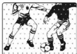 Illustration of two soccer players competing for the ball on a dotted grid background (no text or symbols)