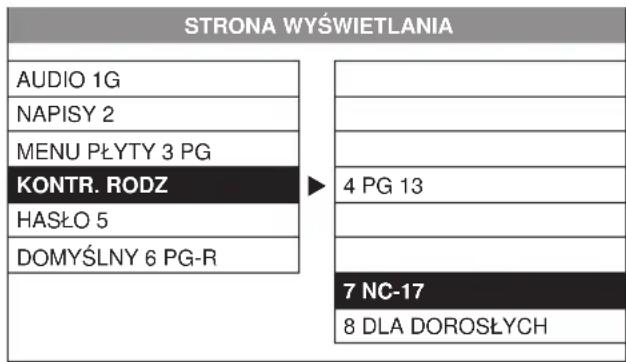 STRONA WYŚWIETLANIA AUDIO 1G NAPISY 2 MENU PŁYTY 3 PG KONTR. RODZ HASŁO 5 DOMYŚLNY 6 PG-R 4 PG 13 7 NC-17 8 DLA DOROSŁYCH