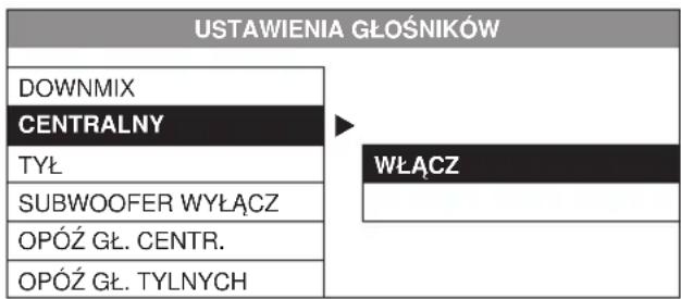 USTAWIENIA GŁOŚNIKÓW DOWNMIX CENTRALNY TYŁ SUBWOOFER WYŁĄCZ OPÓŻ GŁ. CENTR. OPÓŻ GŁ. TYLNYCH WŁĄCZ