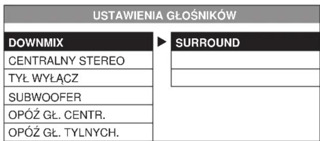 USTAWIENIA GŁOŚNIKÓW DOWNMIX CENTRALNY STEREO TYŁ WYŁĄCZ SUBWOOFER OPÓŻ GŁ. CENTR. OPÓŻ GŁ. TYLNYCH. SURROUND