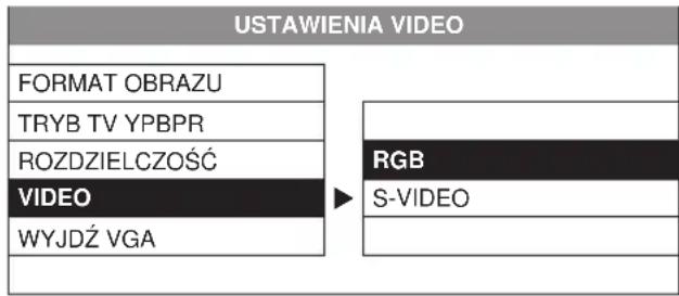 USTAWIENIA VIDEO FORMAT OBRAZU TRYB TV YPBPR ROZDZIELCZOŚĆ VIDEO WYJDŹ VGA RGB S-VIDEO
