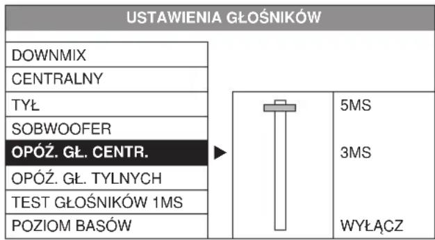USTAWIENIA GŁOŚNIKÓW DOWNMIX CENTRALNY TYŁ SOBWOOFER OPÓŻ. GŁ. CENTR. OPÓŻ. GŁ. TYLNYCH TEST GŁOŚNIKÓW 1MS POZIOM BASÓW 5MS 3MS WYŁĄCZ