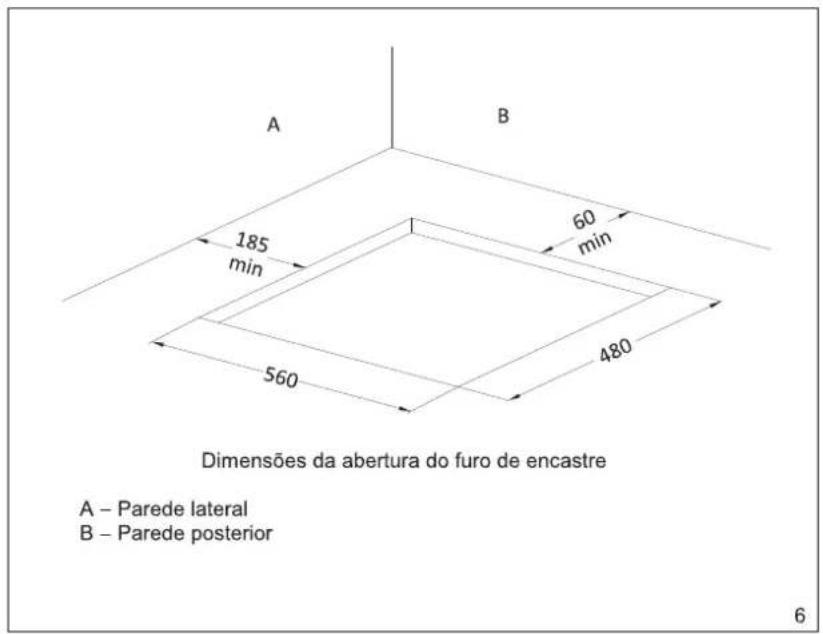 A B 185 min 60 min 480 560 Dimensões da abertura do furo de encastre A – Parede lateral B – Parede posterior 6
