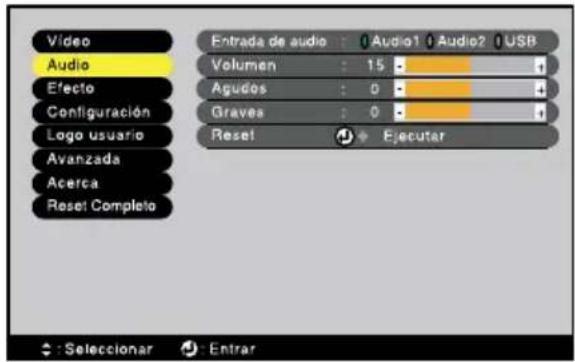 Video Audio Efecto Configuración Logo usuario Avanzada Acerca Reset Completo Entrada de audio : 0 Audio1 Audio2 USB Volumen : 15 - Agudos : 0 - Graves : 0 - Reset Ejecuter - Selecionar - Entrar