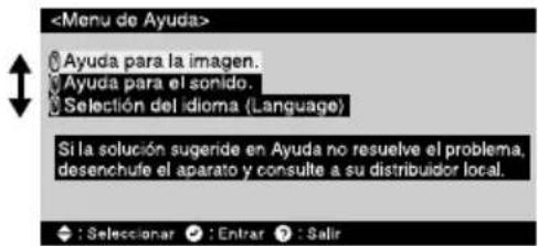 Ayuda para la imagen. Ayuda para el sonido. Selección del idioma (Language) Si la solución sugeride en Ayuda no resuelve el problema, desenchue el aparato y consulte a su distribuidor local. : Seleccionar : Enrar : Salir