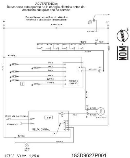 ADVERTENCIA: Desconecte este aparato de la energía eléctrica antes de electuaría cualquier tipo de servicio Para obtener la clasificación eléctrica notarasa a la piaca de identificación. N GPRADOUR TORSO 1-1 ENQUIER A1 R00 N0/200 N0/200 BLANC N N L VOLIO A2 MUSOLO ENION SPRINGOFF (ANAL) FOR R00 TECHNOSTATO 14:55H RELOJ DIGITAL APL1 APL2 E1 YORI-MON 127 V 60 Hz 1,25 A 183D9627P001