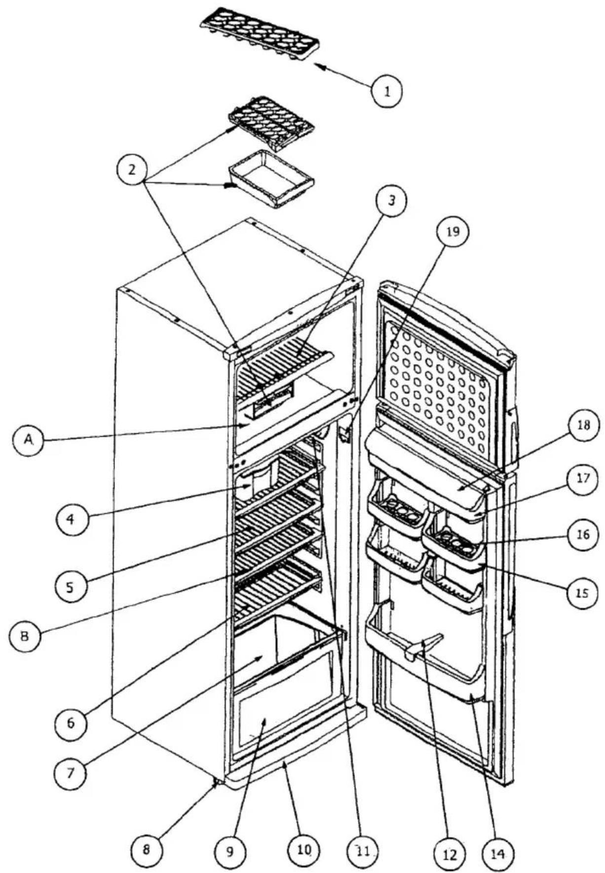 Technical diagram of an refrigerator internal structure with numbered components for identification