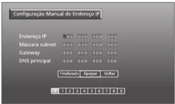 Configuraçao Manual de Endereço IP Endereço IP 0.00 0.00 0.00 0.00 Máscara subnet 0.00 0.00 0.00 0.00 Gateway 0.00 0.00 0.00 0.00 DNS principal 0.00 0.00 0.00 0.00 Finalizado Apagar Voltar 0 1 2 3 4 5 6 7 8 9