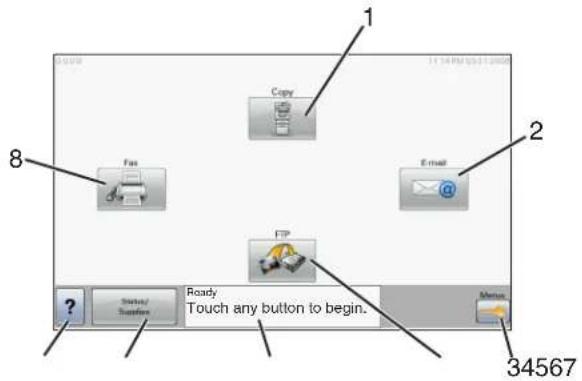 1 2 34567 8 Copy Fax E-mail FTP Ready Touch any button to begin. ? Startups/ Refresher Menu