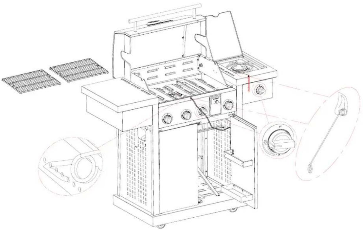 Technical line drawing of a gas stove with internal components and external wiring (no text or labels)