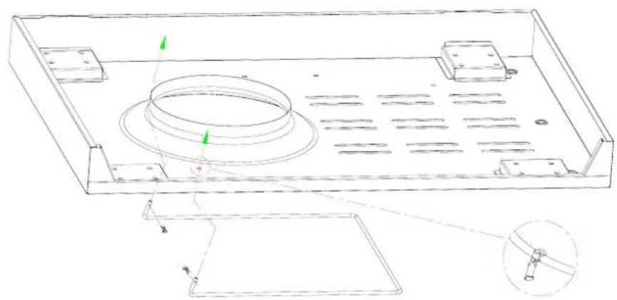 Technical line drawing of a mechanical housing or enclosure with internal components and mounting points (no text or symbols)