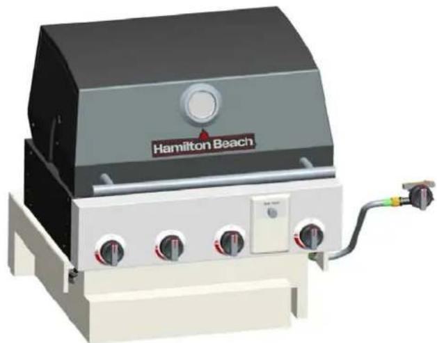 3D rendering of a Hamilton Beach portable grill with control knobs and a handle (no text or symbols on the device itself)