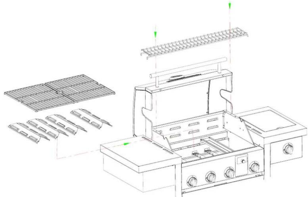 Technical line drawing of a gas stove interior with grating and oven, showing internal components and structural details (no text or labels)