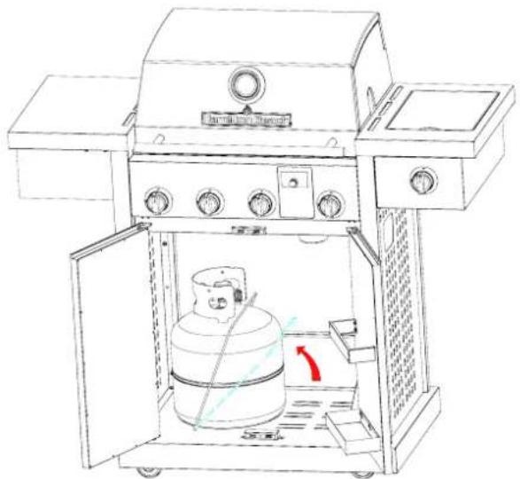 Line drawing of a portable gas stove with open door and side panel (no text or symbols)