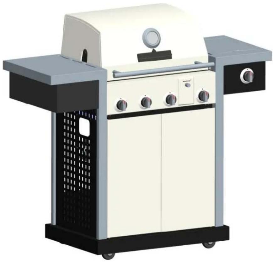 Illustration of a modern outdoor grill with a white cabinet, black grilles, and control knobs (no text or symbols visible)