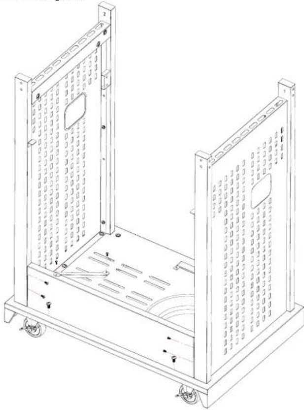 Technical line drawing of a modular electronic device with mounting brackets and wheels (no text or symbols)