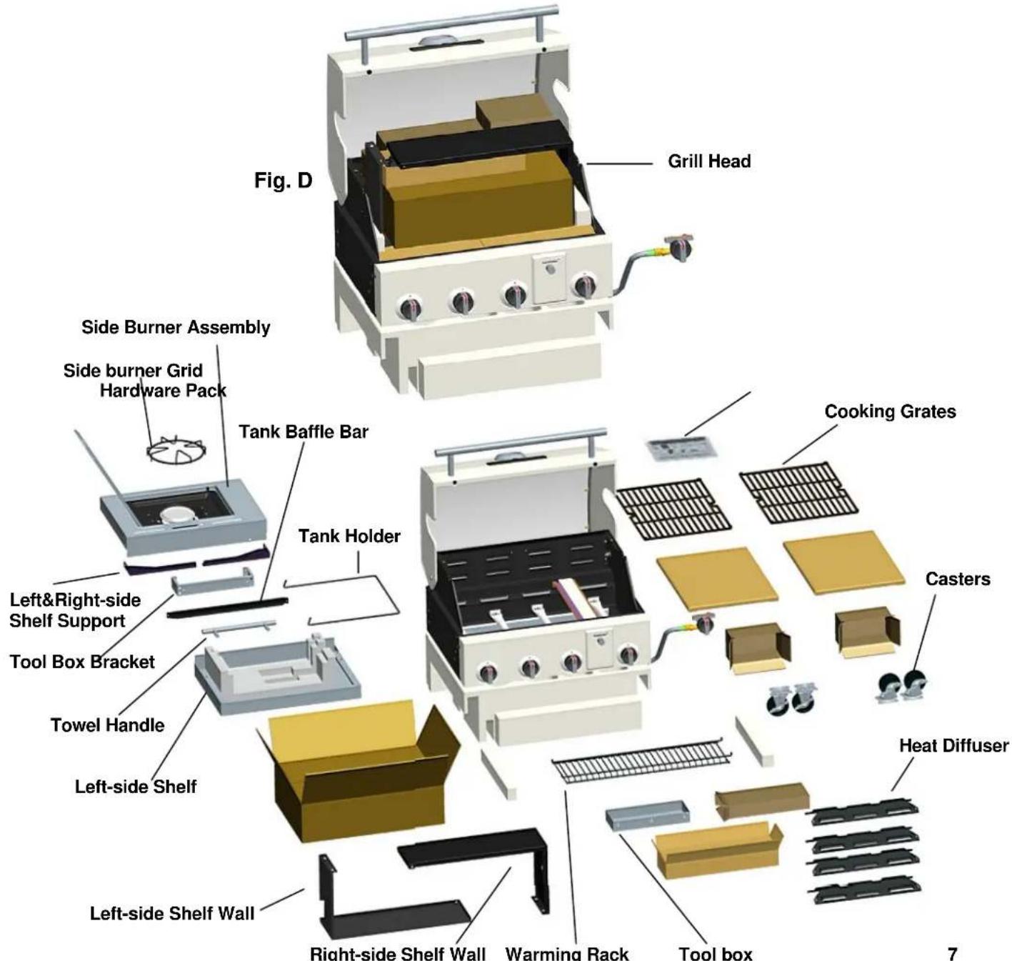 Fig. D Grill Head Side Burner Assembly Side burner Grid Hardware Pack Tank Baffle Bar Tank Holder Left&Right-side Shelf Support Tool Box Bracket Towel Handle Left-side Shelf Left-side Shelf Wall Right-side Shelf Wall Warming Rack Cooking Grates Casters Heat Diffuser Tool box 7