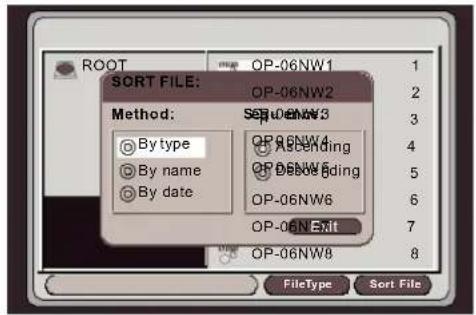 ROOT OP-06NW1 1 SORT FILE: OP-06NW2 Method: SET 06NW3 By type Ascending By name Setting By date OP-06NW6 OP-06N Exit OP-06NW8 FileType Sort File