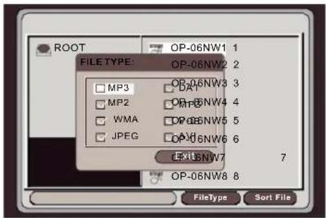 ROOT OP-06NW1 1 FILE TYPE: OP-06NW2 2 MP3 OP-06NW3 3 MP2 OP-06NW4 4 WMA OP-06NW5 5 JPEG OP-06NW6 6 Exit SNW7 OP-06NW8 8 FileType Sort File