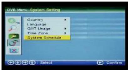 DVB Menu-System Setting Country Language GMT Usage Time Zone System Schedule Select Confirm