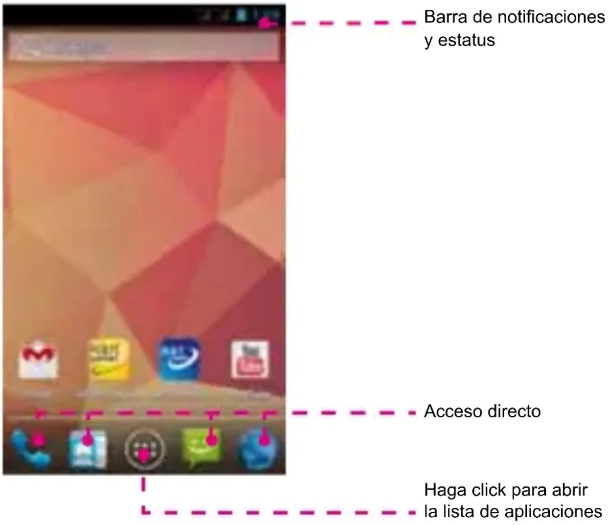 Barra de notificaciones y estatus Acceso directo Haga click para abrir la lista de aplicaciones