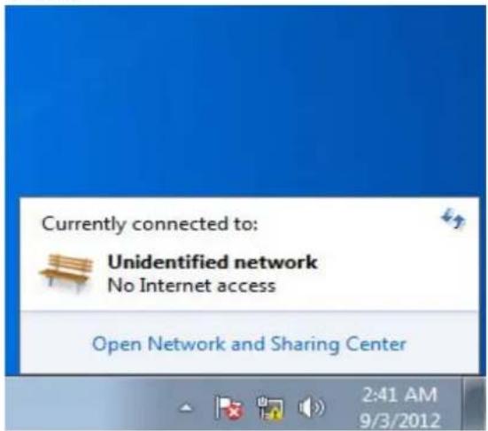 Currently connected to: Unidentified network No Internet access Open Network and Sharing Center 2:41 AM 9/3/2012