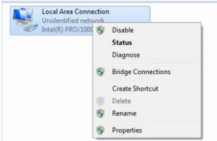 Local Area Connection Unidentified network Intel(R) PRO/1000 Disable Status Diagnose Bridge Connections Create Shortcut Delete Rename Properties