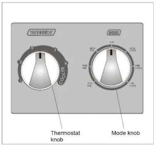 THERMOSTAT COOLER 5 7 9 3 1 MODE OFF THERMOSTAT NOOD ON ON ON ON ON ON ON ON Mode knob Thermostat knob Mode knob