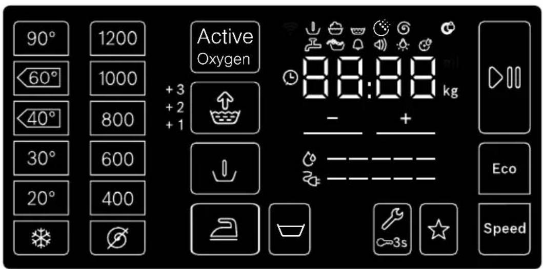 90° 1200 60° 1000 40° 800 30° 600 20° 400 - Active Oxygen + 3 + 2 + 1 88:88 kg - + Eco Speed
