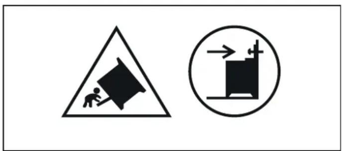 Warning sign with pictogram of a person pulling a large block, next to a circular diagram showing a machine or industrial structure with directional arrows.