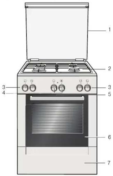 Labeled diagram of a four-wheeled oven with numbered parts for identification