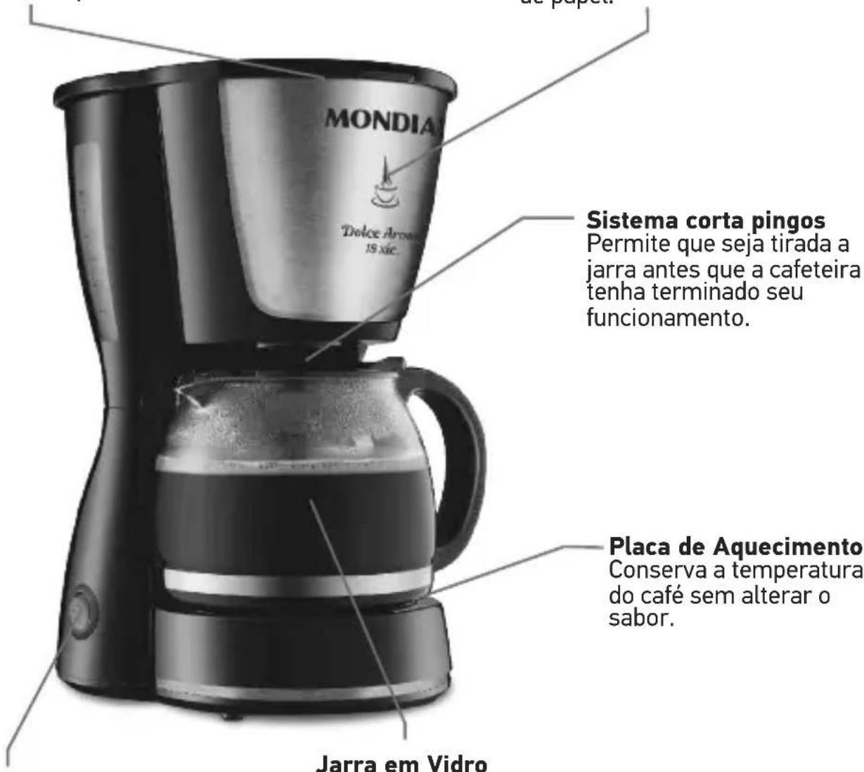 MONDIA Dolce Arroyo 18 xie. Sistema corta pingos Permite que seja tirada a jarra antes que a cafeteira tenha terminado seu funcionamento. Placa de Aquecimento Conserva a temperatura do café sem alterar o sabor. Jarra em Vidro