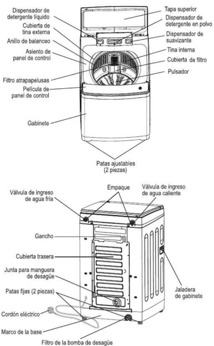 Tapa superior Dispensador de detergente en polvo Dispensador de suavizante Tina interna Cubierta de filtro Pulsador Diversador de detergente líquido Cubierta de tina externa Anillo de balanceo Asiento de panel de control Filtro atrapapelusas Película de panel de control Gabinete Patas ajustables (2 piezas) Válvula de ingreso de agua fría Gancho Cubierta trasera Junta para manguera de desagüe Patas fijas (2 piezas) Cordón eléctrico Marco de la base Filtro de la bomba de desagüe Empaque Válvula de ingreso de agua caliente Jaladera de gabinete