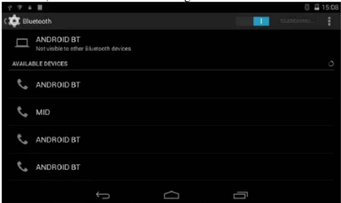 Bluetooth ANDROID BT Not visible to other Bluetooth devices AVAILABLE DEVICES ANDROID BT MID ANDROID BT ANDROID BT