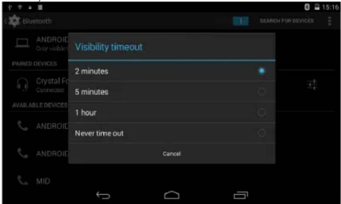 Bluetooth AnDROID Only visible PAIRED DEVICES Crystal Fo Connected AVAILABLE DEVICES ANDROID ANDROID MID Visibility timeout 2 minutes 5 minutes 1 hour Never time out Cancel SEARCH FOR DEVICES