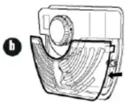 Technical line drawing of a mechanical device with internal components and a labeled section (b), no readable text or symbols present.