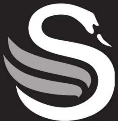 Stylized white swan logo on black background, no text or symbols present