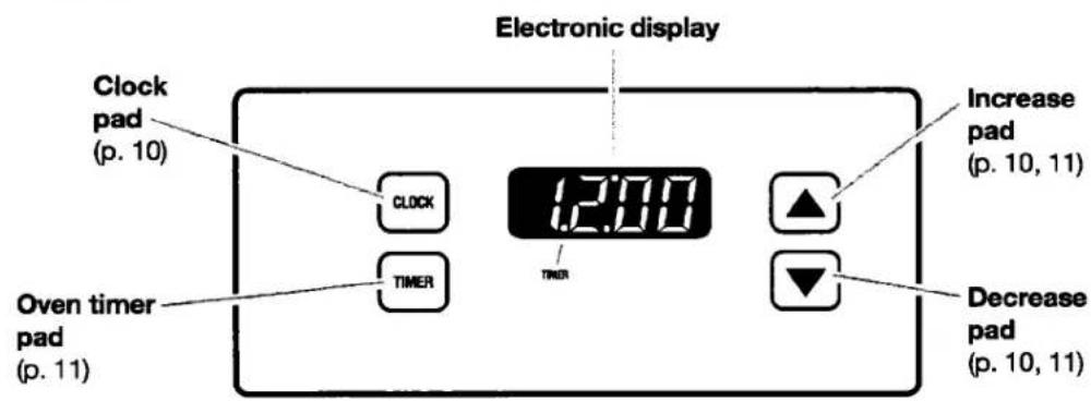 Electronic display Clock pad (p. 10) 12:00 Increase pad (p. 10, 11) Timer Decrease pad (p. 10, 11) Oven timer pad (p. 11)