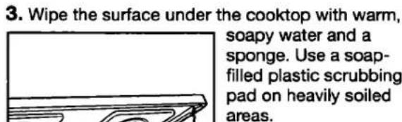 3. Wipe the surface under the cooktop with warm, soapy water and a sponge. Use a soap- filled plastic scrubbing pad on heavily soiled areas.