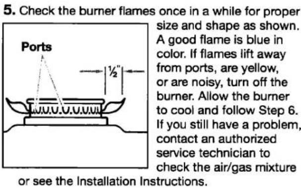 5. Check the burner flames once in a while for proper size and shape as shown. A good flame is blue in color. If flames lift away from ports, are yellow, or are noisy, turn off the burner. Allow the burner to cool and follow Step 6. If you still have a problem, contact an authorized service technician to check the air/gas mixture or see the Installation Instructions.